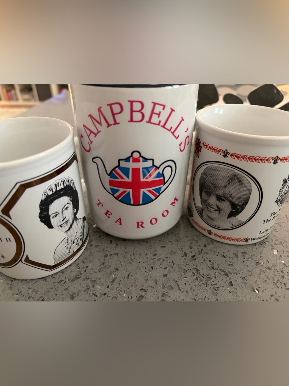 White Mug with Union Jack mug and 2 royal mugs. Price is for Set of 3